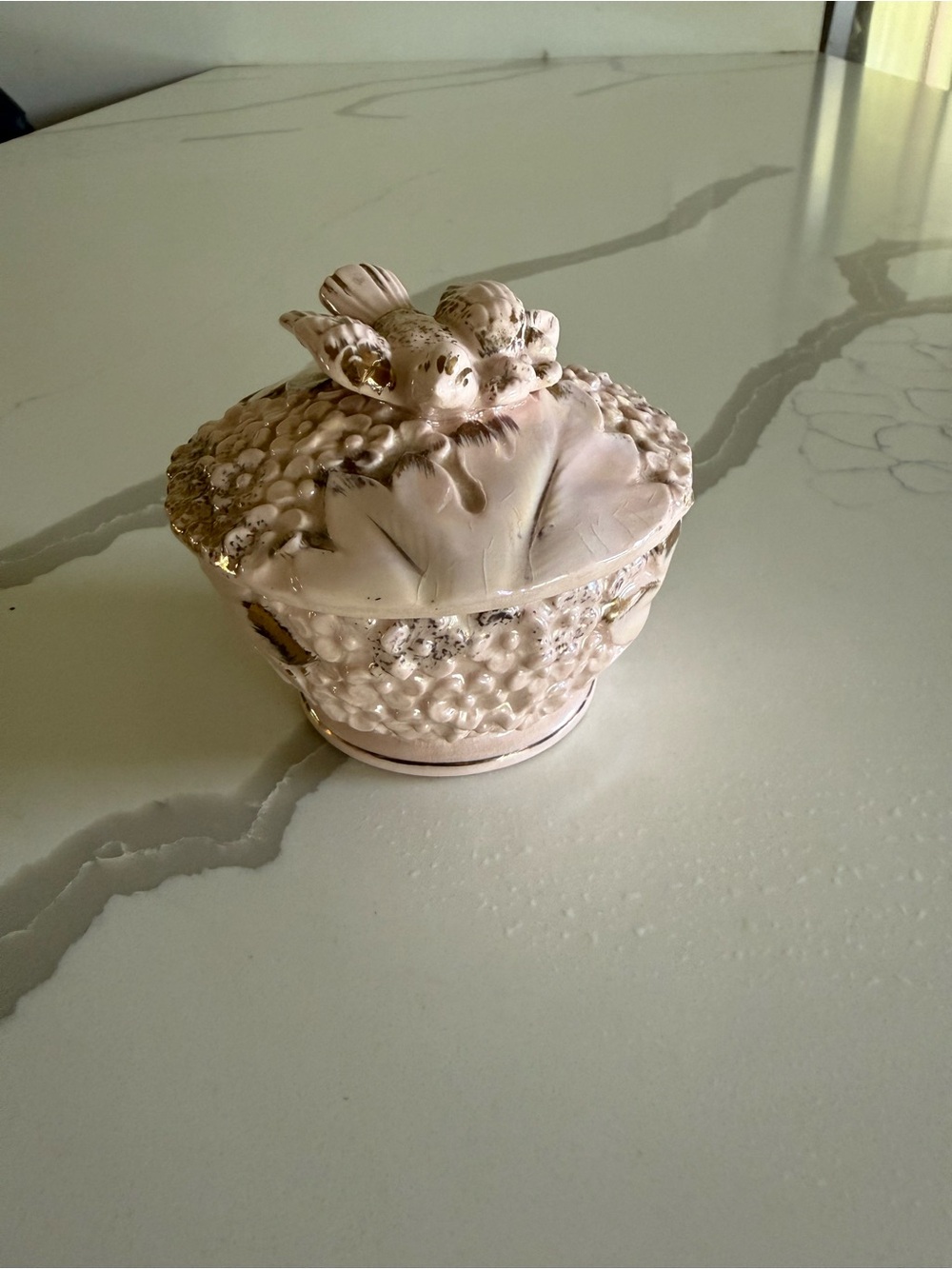 Decorative Ceramic Trinket Box in Pale Pink with Gold Accents